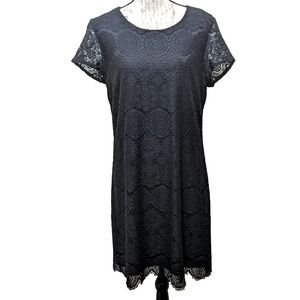 Laundry by Shelli Segal Dress 12 Black Lace Shift Wide Neck Cap Sleeves Cocktail